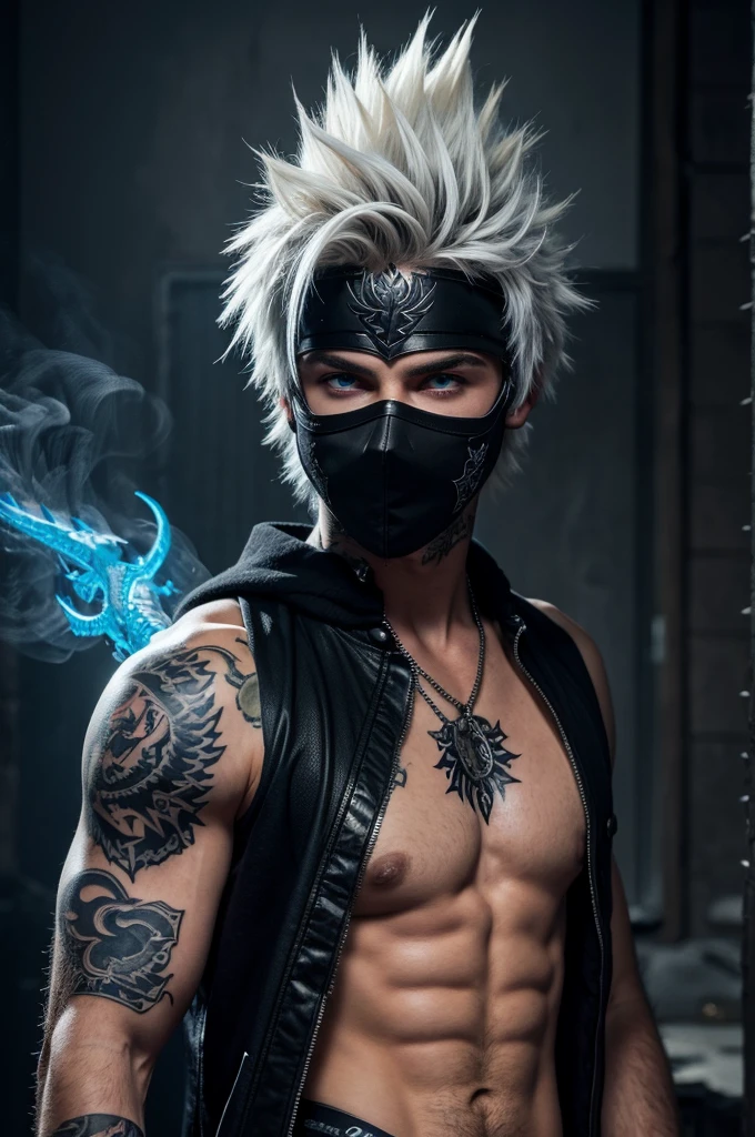 An 18 year old male character with spiky white hair pectoral with tattoo of a dragon, with black smoke with blue eyes and wears a black mask