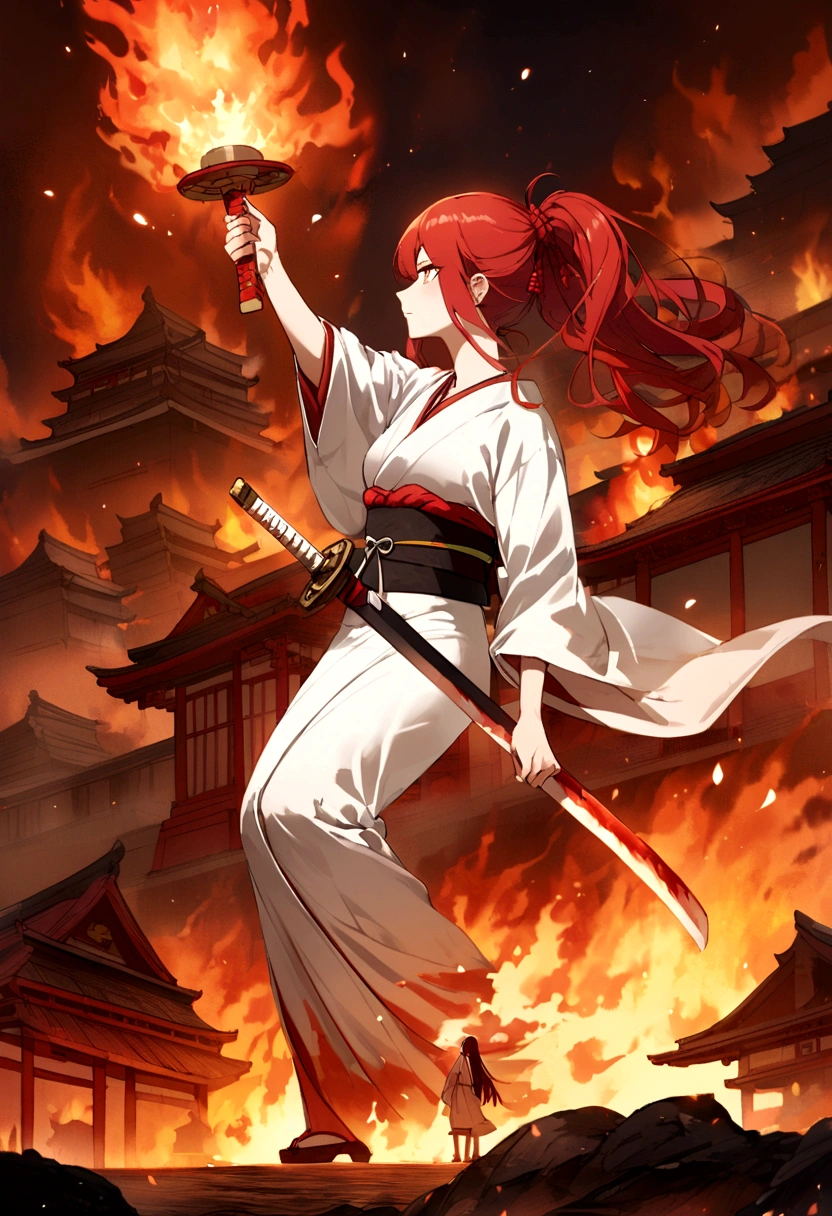 The background is a burning Japanese temple.、Midnight、Redhead、A woman in a white kimono holding a Japanese sword、Women are also burning