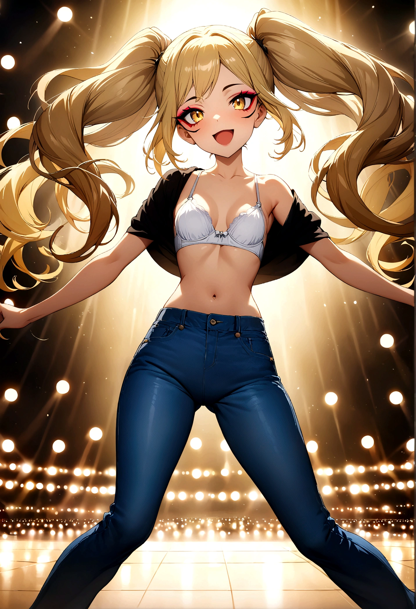 masterpiece, best quality, official art, extremely detailed CG unity 8k wallpaper, highly detailed, absurdres, Adult, Swaying hips in a dance, Bright background, Tons of lights, on the dancefloor, Amazing electrifying setting, exquisite facial features, Golden eyes eyes, Perfect fingers, perfect face, sharp eyeliner, eyeshadow, detailed eyes:1.1, [Shoulder length twin tails hairstyles], brown hair going into blonde, White sports glasses facing upwards positioned on her head, gradient with blonde tips, Small breasts, Perfect skin, shiny skin, female, solo, smiling with joy, [Black half crop top, showing white bra, blue denim jeans, with showing high waisted black panties]
