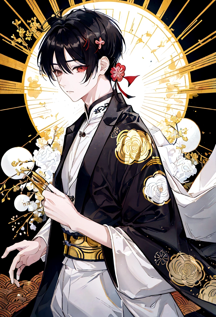 estilo kimetsu no yaiba , Boy , short black hair with white highlights ,Golden , with a yin and yang suit 