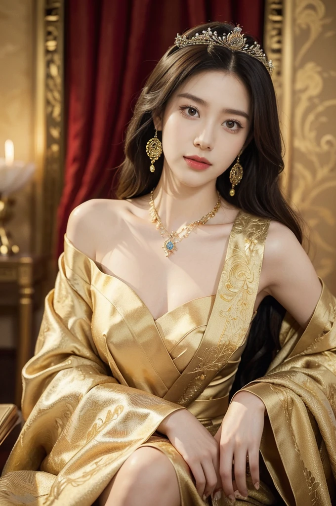 (((best quality))),(((ultra detailed))),(((masterpiece))),illustration,1 girl,solo,slim,thin,shoulder length straight bob hair,earrings,necklace,flat chest,Asian appearance,princess,royal,Chinese palace,night scene,magnificent dragon gown,golden crown,intricate embroidery,luxurious fabric,precious stones,sitting on a metallic throne,decorative patterns,rich decorations,luxurious furnishings,regal charm,beautiful face,gentle smile,bright eyes,historical,traditional,city lights,modernity,frozen moment,beauty of the past,evolution of time,from front,upper body