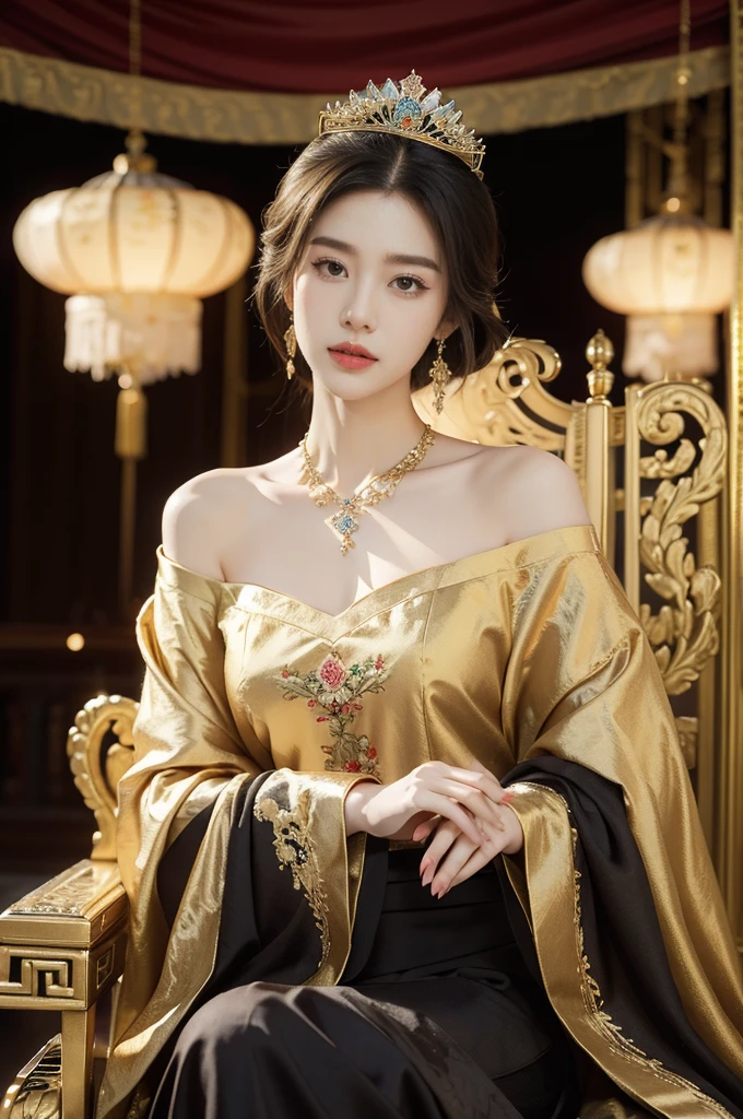 (((best quality))),(((ultra detailed))),(((masterpiece))),illustration,1 girl,solo,slim,thin,shoulder length straight bob hair,earrings,necklace,flat chest,Asian appearance,princess,royal,Chinese palace,night scene,magnificent dragon gown,golden crown,intricate embroidery,luxurious fabric,precious stones,sitting on a metallic throne,decorative patterns,rich decorations,luxurious furnishings,regal charm,beautiful face,gentle smile,bright eyes,historical,traditional,city lights,modernity,frozen moment,beauty of the past,evolution of time,from front,upper body