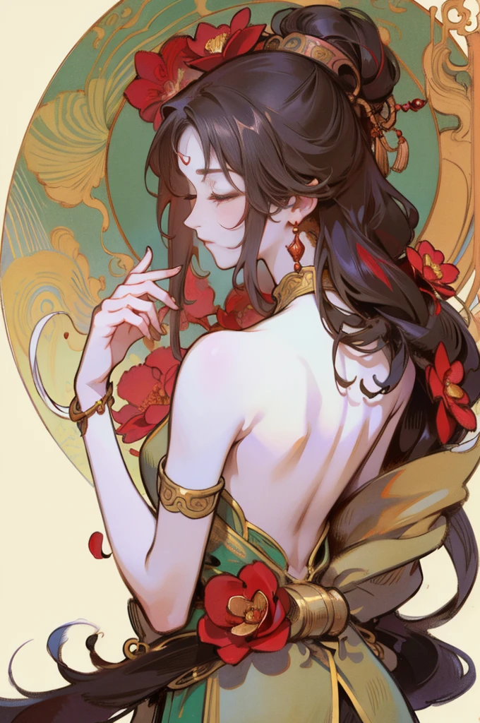 There is a woman's back in ancient China, back of the head, (only), (bare back tattoo), beautiful closed eyes, detailed face, like a dream, red and gold flowers, Ukiyo style, artwork Guwitz style. , Guviz, Alphonse Mucha and Rose Drews, a beautiful artistic illustration, author: Li Song, author: heroes, author: Zou Zhe, by Zeng Jing, by Ye Xin, author: Shitao, author: Zhou Fang, art nouveau Korean anime, Long loose hair