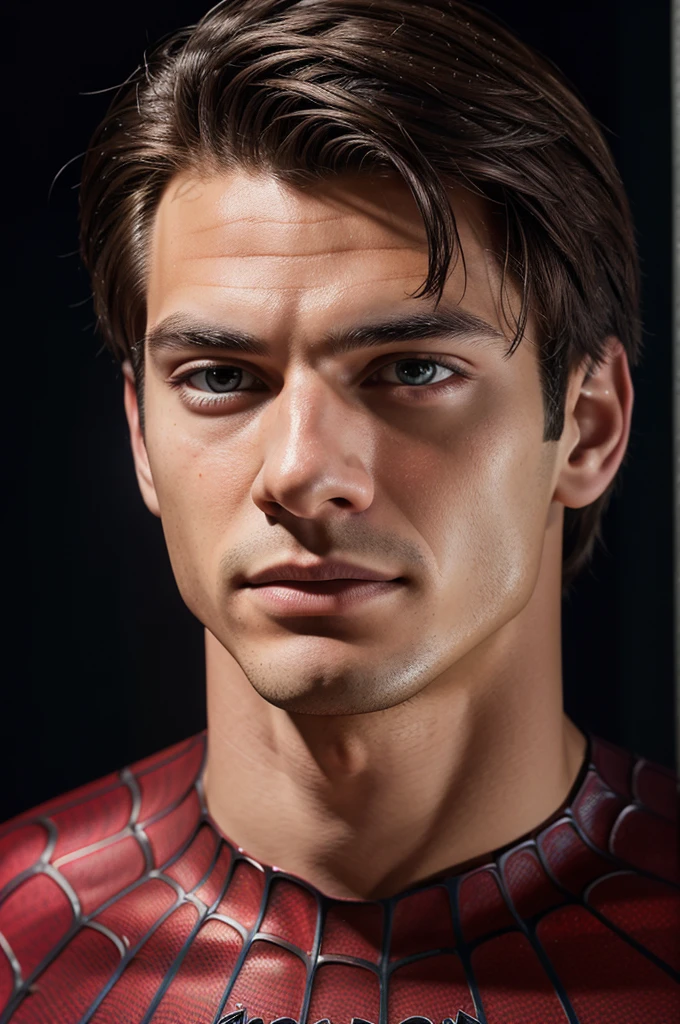 A photograph of spider man, no mask, 20 yo, handsome, detailed face, looking at camera, portrait, 8k uhd, high quality