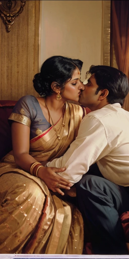35mm film photography, A middle-aged Caucasian man with short dark hair tenderly embracing and kissing a young, curvaceous South Indian bride dressed in a traditional Indian dawani in a comfortable living room. A group of three Caucasian men observing the couple., high detail, split gradient colors background, full body image