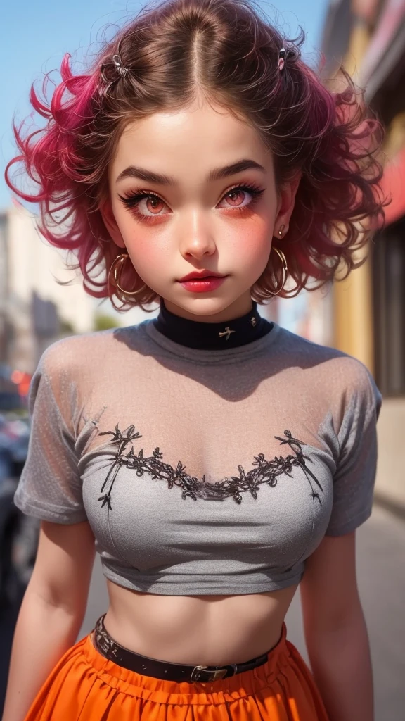 1girl, solo, sharp nose, (reddish mouth:1.1), (blush), eye-catching lips, shonen style, (pale skin), (pink eyes:1.2 | orange eyes:1.3), (wide smile:0.5), wide eyes, (neon lighting:0.3), (scenery park, sky), daylight, cinematic lighting, (underboob:0.9), (blue skirt), (pink hair:1.4 | orange hair:0.9), short hair, bangs, drill hair, ahoge, (crop top blue | white), ((bottom-up point of view)), (thin face), ((sharp focus)), (((masterpiece))), (detailed clothing:1.3), (detailed body:1.2), ((perfect face)), ((perfect nose)), ((perfect eyes))