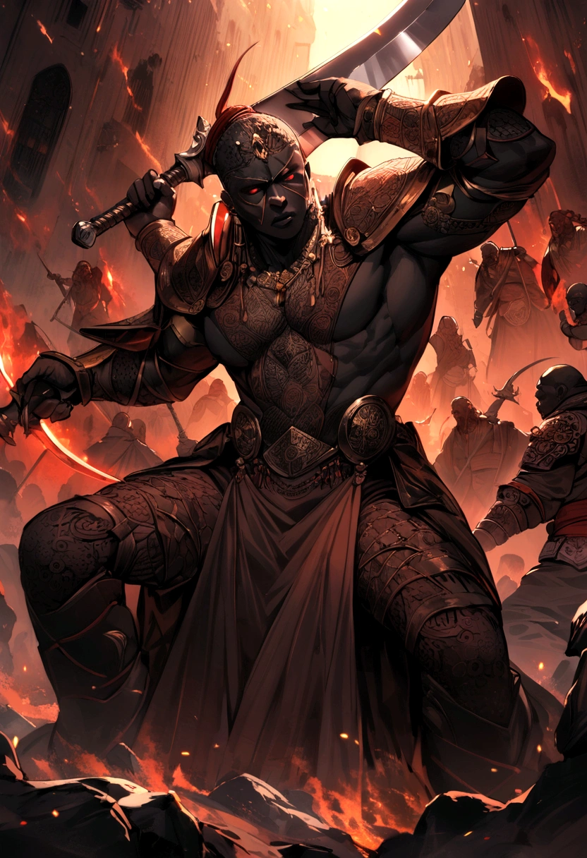 ((Intricate details))), (((highest quality))), (((extreme attention to detail))), (((complex composition))). African god, king of fire warriors, in his hands an ax with two blades, finely crafted despite the rustic and suspenseful atmosphere. attack position in a violent war, Incorporate a dark color palette with subtle touches of red to highlight key features. Calls around your body Emulate the mysterious atmosphere of cinematic light.