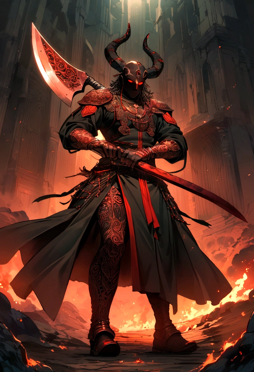 ((Intricate details))), (((highest quality))), (((extreme attention to detail))), (((complex composition))). African god, king of fire warriors, in his hands an ax with two blades, finely crafted despite the rustic and suspenseful atmosphere. attack position in a violent war, Incorporate a dark color palette with subtle touches of red to highlight key features. Calls around your body Emulate the mysterious atmosphere of cinematic light.