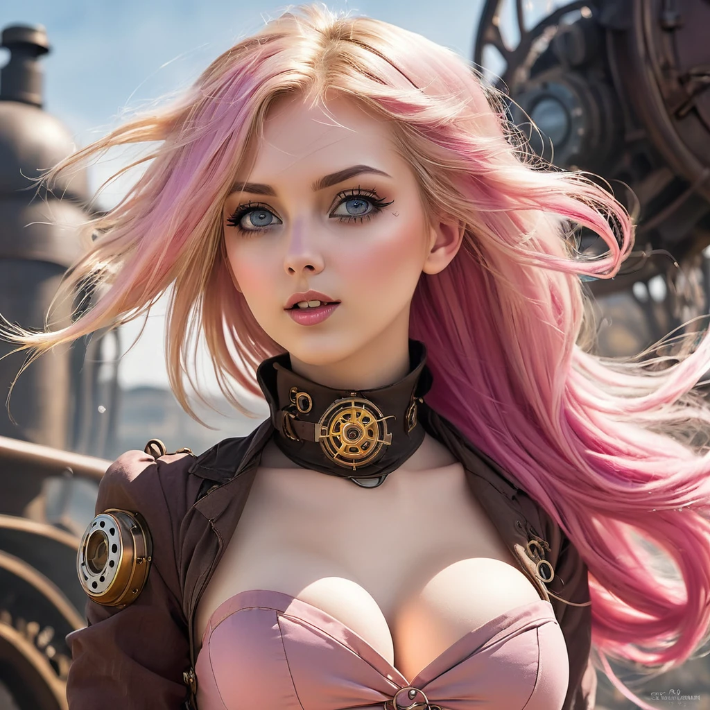 best quality, masterpiece, oral rape, upper body, woman, ruined makeup, blonde hair blown in the wind, shining eyes, steampunk nude style, thin clothes, pink clothes, pink hair, (cum on breasts:1.2)