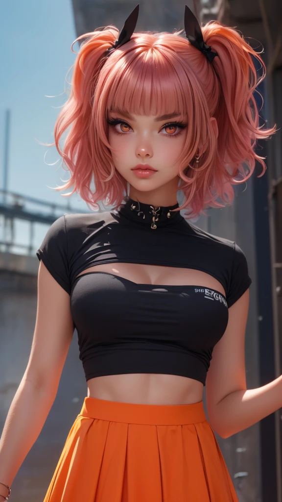 1girl, solo, sharp nose, (reddish mouth:1.1), (blush), eye-catching lips, shonen style, (pale skin), (pink eyes:1.2 | orange eyes:1.3), (wide smile:0.5), wide eyes, (neon lighting:0.3), (scenery park, sky), daylight, cinematic lighting, (underboob:0.9), (blue skirt), (pink hair:1.4 | orange hair:0.9), short hair, bangs, drill hair, ahoge, (crop top blue | white), ((bottom-up point of view)), (thin face), ((sharp focus)), (((masterpiece))), (detailed clothing:1.3), (detailed body:1.2), ((perfect face)), ((perfect nose)), ((perfect eyes))