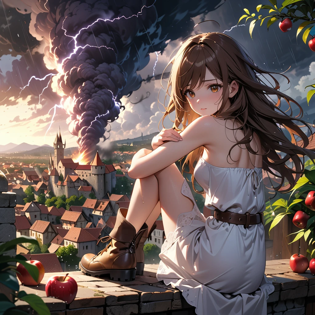 Highest quality, light particles, masterpiece, close up, character focus, Young woman watching tornado from rooftop, sad, very long brown hair, brown eyes, swept bangs, small breasts, wearing white strapless dress, brown belt, brown combat boots, medieval city, apples, tropical, tropical plants, smoke below, dark storm clouds, rain, lightning,