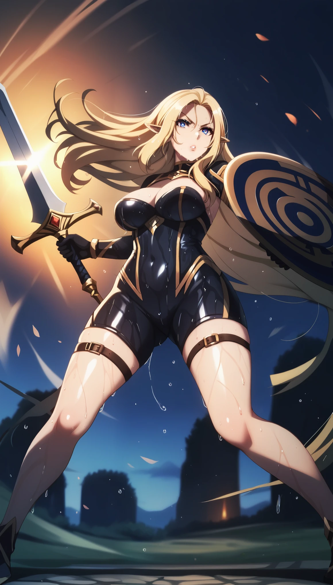 score_9, score_8_up, score_7_up, score_6_up, uncensored, Alpha, absurdly long hair, blue eyes, blonde hair, very long hair, pointy ears, lips, shiny skin, sweating, wet, wet hair, steaming body, heavy breathing, large breasts, detailed body, detailed eyes, annoyed, glaring eyes, large breasts, BREAK (masterpiece:1.2), best quality, high resolution, unity 8k wallpaper, (illustration:0.8), (beautiful detailed eyes:1.6), extremely detailed face, perfect lighting, extremely detailed CG, (perfect hands, perfect anatomy), 1girl, solo, breasts, latex body, bodysuit, sword, holding sword, shield, hodling shield, field, bokeh, hair flowing over, white_legwear, hollow eyes, bright pupils,