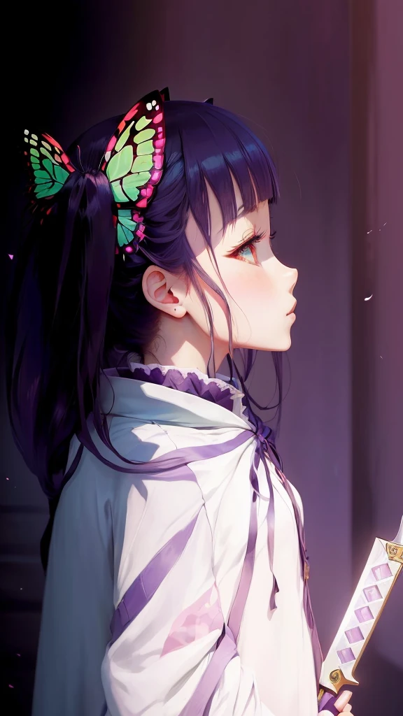 anime girl with a butterfly on her head holding a knife, anime visual of a young woman, shuushuu anime image, official art, anime visual of a cute girl, demon slayer rui fanart, profile of anime girl, hinata hyuga, close up of a young anime girl, shalltear from overlord, close up iwakura lain