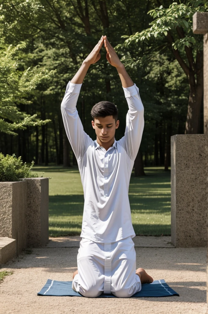 An image of a young man praying in a peaceful outdoor setting, with hands raised in adoration.