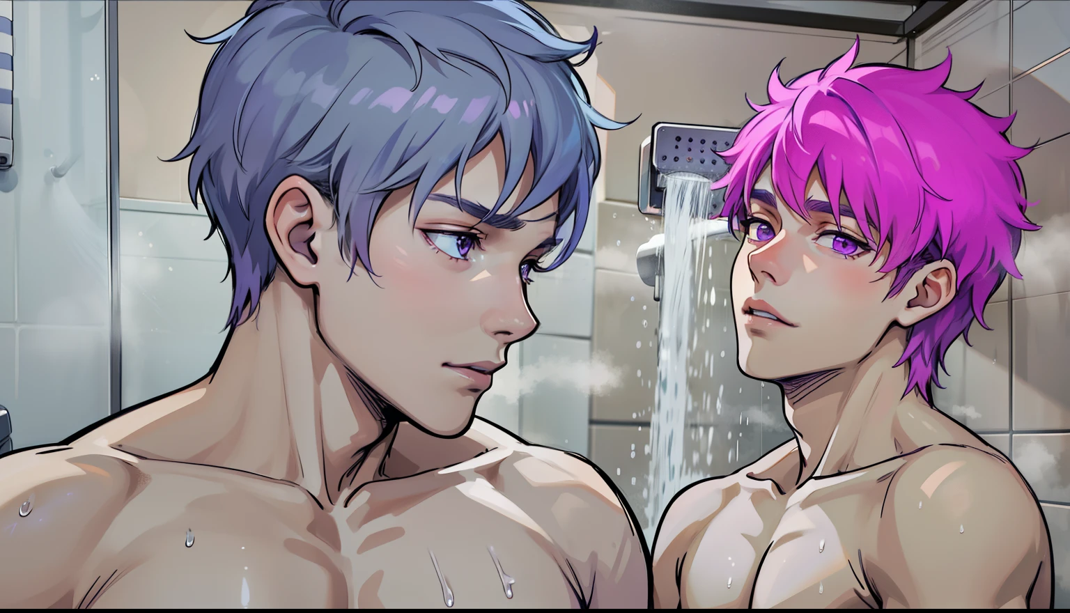 two young -yeld meone cute young man with gray hair and purple hair, purple eyes, and the other with blue eyes, are in the shower without a shirt, looking at each other with desire and sensuality.