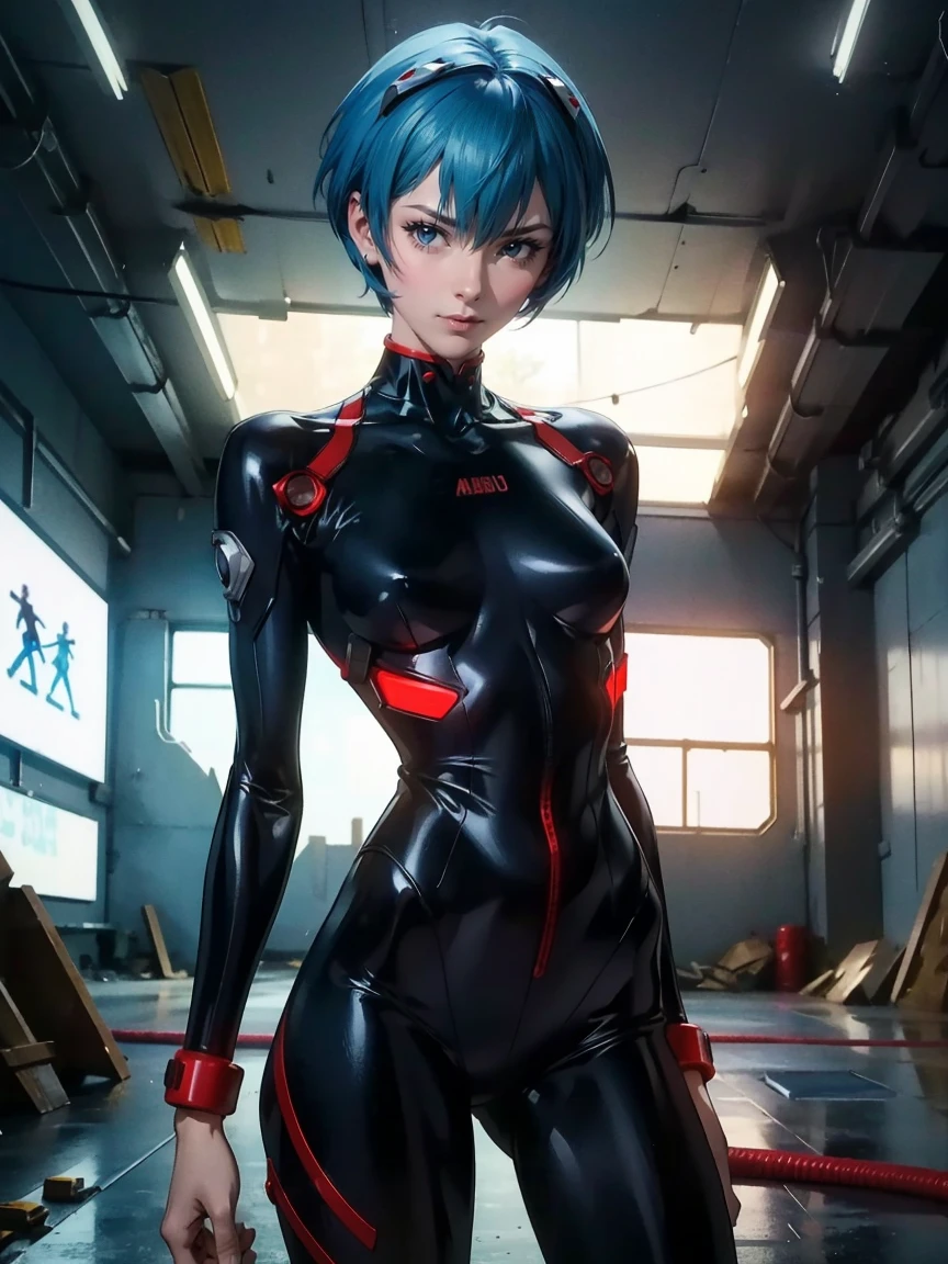 ayanamirei, blue hair, short hair, (red eyes:1.3), bodysuit, headgear, plugsuit, white an black bodysuit, covered hands, standing with open legs, sexy pose, night, gloomy background, Ruins, Very detailed, Cyberpunk city, upper body, portrait, (masterpiece), best quality, expressive eyes, perfect face, 1girl, solo, facing the viewer, Beautiful figure, Slim, Slender figure, shapely legs, Anime style, Very detailed face, Very beautiful face, sexy, Beautiful slim figure, Light, femininity, masterpiece, higly detailed, 8K UHD, detailed face and body, expressive look, small breasts, Heightened sexuality, looking at viewer. ((cowboy shot)), artgerm