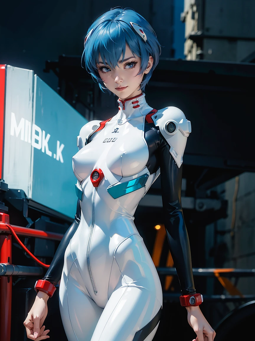 ayanamirei, blue hair, short hair, (red eyes:1.3), bodysuit, headgear, plugsuit, white an black bodysuit, covered hands, standing with open legs, sexy pose, night, gloomy background, Ruins, Very detailed, Cyberpunk city, upper body, portrait, (masterpiece), best quality, expressive eyes, perfect face, 1girl, solo, facing the viewer, Beautiful figure, Slim, Slender figure, shapely legs, Anime style, Very detailed face, Very beautiful face, sexy, Beautiful slim figure, Light, femininity, masterpiece, higly detailed, 8K UHD, detailed face and body, expressive look, small breasts, Heightened sexuality, looking at viewer. ((cowboy shot)), artgerm