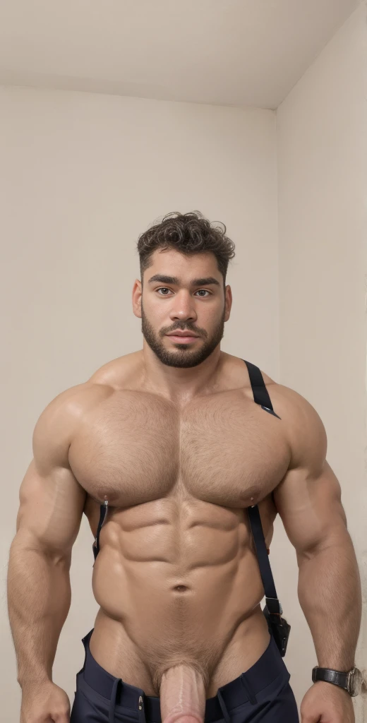 1boy, AdinAlpha, solo, facial hair,34 yrs old, fitness trainer, male focus, flaccid penis, pectorals, bara, muscular, mature male, muscular male, abs, beard, ring nipples, garter and suspenders, short hair, navel, stomach, rubber tight pants, large pectorals, thick eyebrows, bare pectorals, dark-skinned male, erection, thighs, erection under clothes, fancy suit, dark skin, tie, tight shirt, jacket, tight pants, grey police suit, pectoral cleavage, cowboy shot, cop uniform, feet out of frame, thick thighs, looking at viewer, masterpiece, 4k, high quality, highres, absurdres,