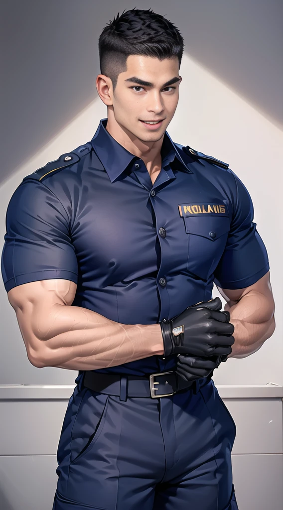 handsome man,(crew cut short hair:1.2),black eye,smile,open mouth (navy police uniform:1.2),(shirt short sleeves:1.2),collar,(shirt covered over:1.2),(name tag and Police badge:1.3),(shirt no buttons:1.1),(black_gloves:1.3), (Navy blue cargo:1.2),Korean guy,korean men,(High gloss details),(chest muscles:1.2),(large arm muscles:1.2),blood vessel,Big muscles,Broad shoulders,looking at the audience,Balancing the eyes,middle of the road,(stage:1.2),