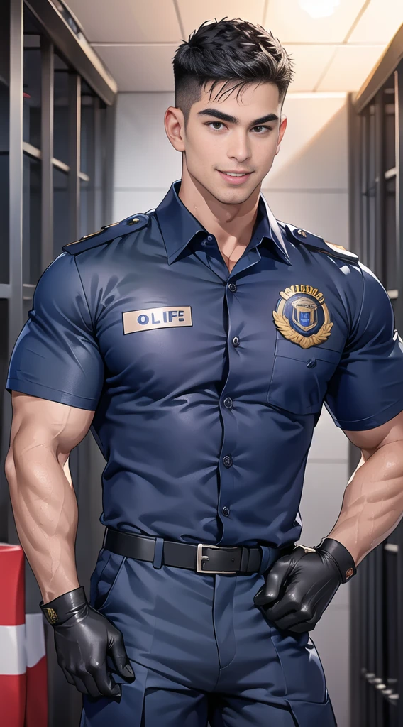 handsome man,(crew cut short hair:1.2),black eye,smile,open mouth (navy police uniform:1.2),(shirt short sleeves:1.2),collar,(shirt covered over:1.2),(name tag and Police badge:1.3),(shirt no buttons:1.1),(black_gloves:1.3), (Navy blue cargo:1.2),Korean guy,korean men,(High gloss details),(chest muscles:1.2),(large arm muscles:1.2),blood vessel,Big muscles,Broad shoulders,looking at the audience,Balancing the eyes,middle of the road,(stage:1.2),