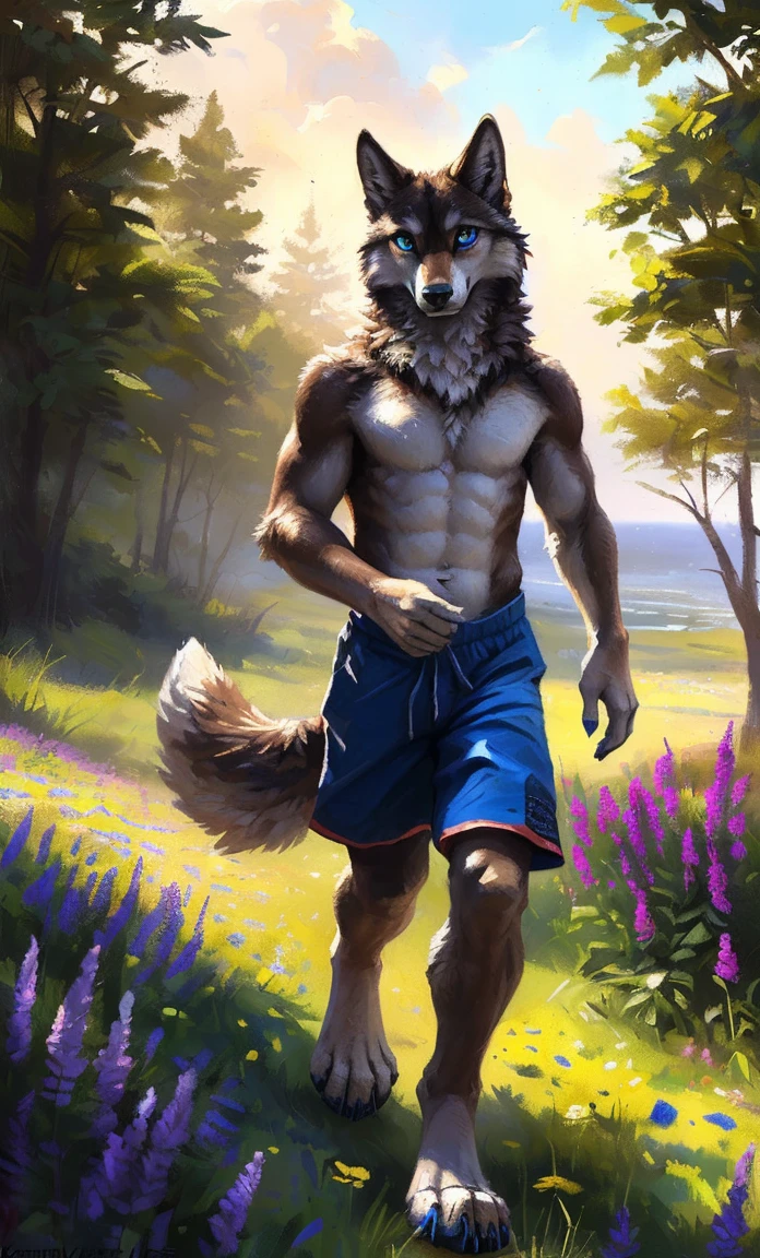 ((Solo)), male people, anthro wolf, (Multi-colored fur, White-brown:1.3，White tail pointed), (Height 2.1m,Tail length 1.2m), ((Wolf face, Big eyes, White eyelids, Blue pupil, Slim:1.2) (Tough, Calm expression:1.2)), Abs, Slim, pinging)), (Correct anatomy), (Work shorts:1.1), The upper body  naked, (detailed outfits),A long big tail，Feet，(Realistic fur, Detailed fur texture, labeled:1.3)), (Natural lighting), Photorealistic, Hyperrealistic, ultradetailed, by Kenket，In a sea of flowers，erect through，Running on