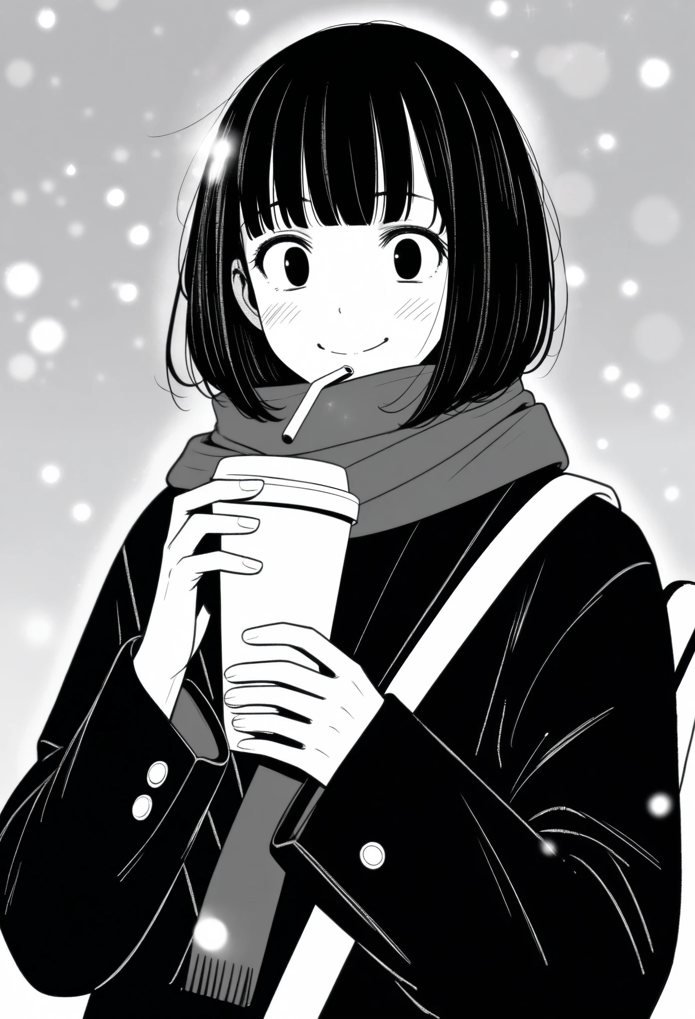 masterpiece, best quality, 1girl, mamerakkkkko, grayscale, manga style, japanese, chi no wadachi, black eyes, street, iced, black hair, schoolbag, smile, lineart, black coat, black scarf, black pleated skirt, leggins, centered, 18 years old, tall, fair skinned, bokeh background,, bob cut, light particles, centered, snowing, (((drinking coffee, perfect hand, detailed hand:1.1)), emotional anime scene