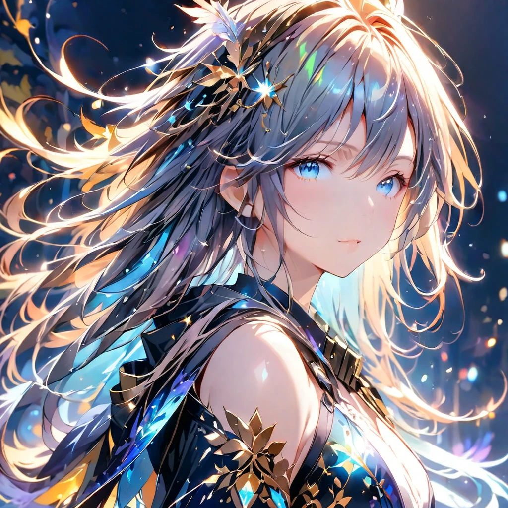 (8K, Highest quality, masterpiece:1.2),(Highest quality:1.0), (Ultra-high resolution:1.0), watercolor, Beautiful woman, shoulder, Costumes adorned with light refraction、Twinkling of the stars、Diamond Sparkle、Hair Ribbon, Agnes Cecil, Half Body Portrait, Super bright design, pastel colour, (ink:1.3), Autumn Light,