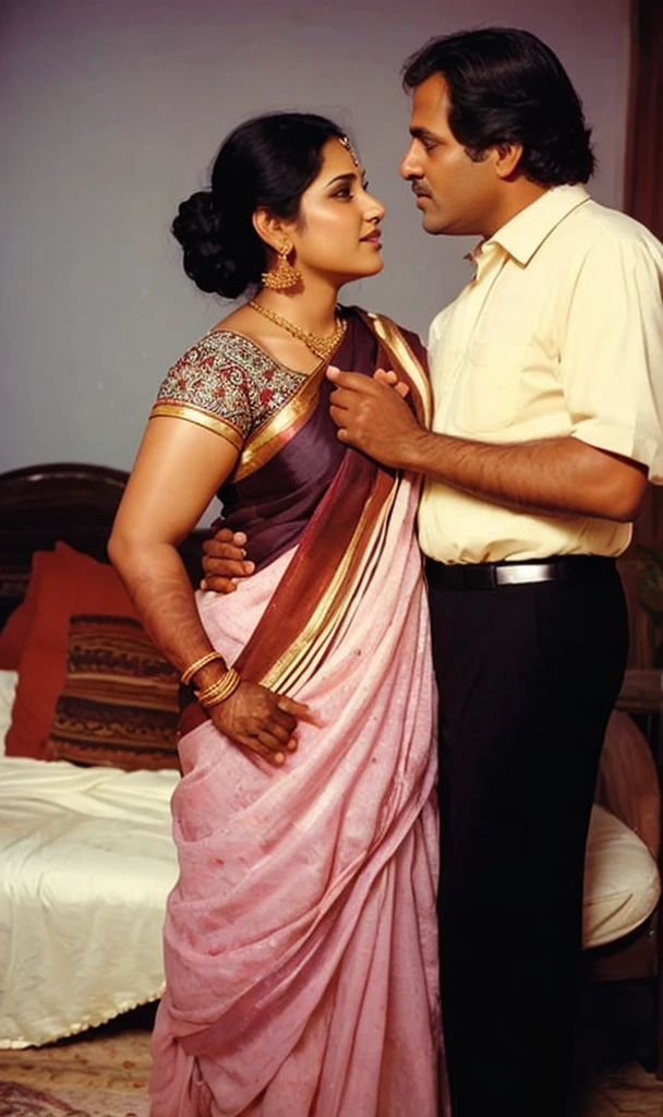 35mm film photography, A middle-aged Caucasian man with short dark hair tenderly embracing and kissing a young, curvaceous South Indian bride dressed in a traditional Indian dawani in a comfortable living room. A group of three Caucasian men observing the couple., high detail, split gradient colors background, full body image 