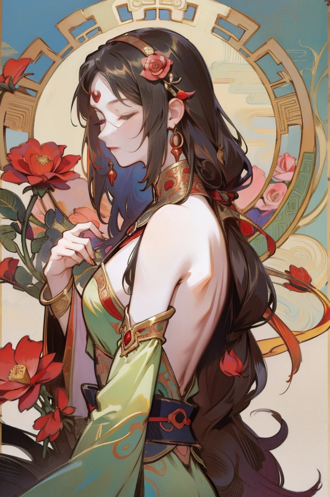There is a woman's back in ancient China, back of the head, (only), (bare back tattoo), beautiful closed eyes, detailed face, like a dream, red and gold flowers, Ukiyo style, artwork Guwitz style. , Guviz, Alphonse Mucha and Rose Drews, a beautiful artistic illustration, author: Li Song, author: heroes, author: Zou Zhe, by Zeng Jing, by Ye Xin, author: Shitao, author: Zhou Fang, art nouveau Korean anime, Long loose hair