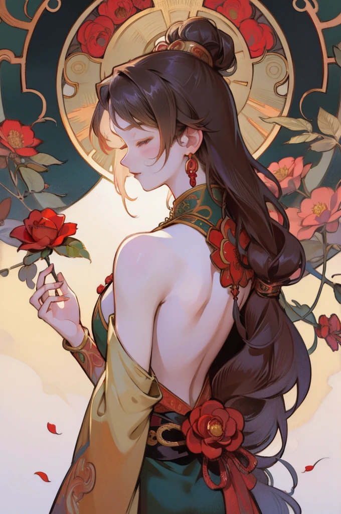There is a woman's back in ancient China, back of the head, (only), (bare back tattoo), beautiful closed eyes, detailed face, like a dream, red and gold flowers, Ukiyo style, artwork Guwitz style. , Guviz, Alphonse Mucha and Rose Drews, a beautiful artistic illustration, author: Li Song, author: heroes, author: Zou Zhe, by Zeng Jing, by Ye Xin, author: Shitao, author: Zhou Fang, art nouveau Korean anime, Long loose hair