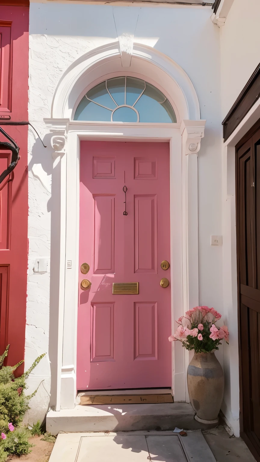 High-resolution photo featuring bright pink flowering trees and red arched doors. The door is set in a white wall, with pink flowers blooming beautifully above it. The flower is made up of many small petals, and the tree has a natural curve. The blue wall in the background emphasizes the color of the flowers and door. The overall scenes are vivid and colorful, with sharp details, realistic drawings, and a beautiful style.