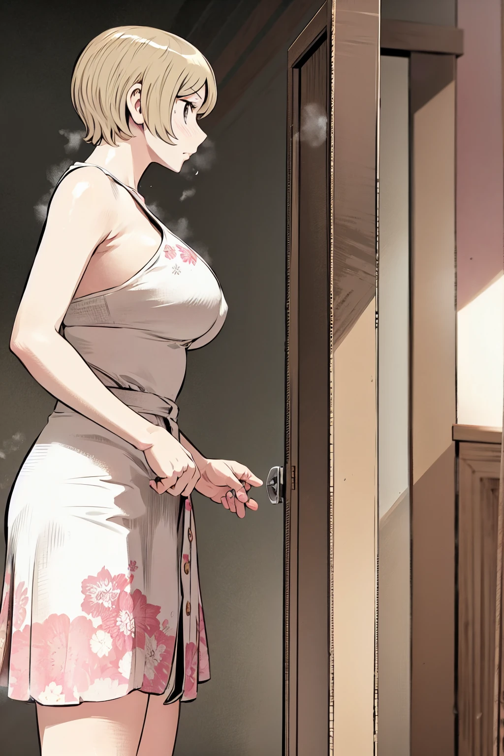 、(masterpiece、Highest quality)、Highest quality, Ultra-high resolution, (((masterpiece))), alone, Sweat、Big eyes, No sleeve、indoor、Floral dress、Composition from the front、(Cut the back hair short、short hair、blonde、woman)、Shortcuts、Embarrassed face、Cut your hair short、可愛いwomanの子、Big Breasts