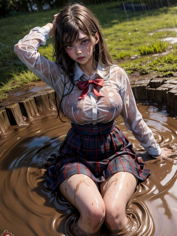 (masterpiece, best quality:1.2), muddy girl , looking at viewer , school girl wet white clothes, soaked, dripping wet, wet hair, wet skin, translucent, glistening with oil, fully clothed, wet muddy field, dripping with mud, muddy arms, muddy hair, lying in mud, submerged, covered all over, muddy face , skirt dark red , plaid skirt , pleated skirt , Tight shirt , white Shirt , school girl  , red knot , red bow , school , skirt is adjacent to the chest , big breasts , big tits , zombie , rain 