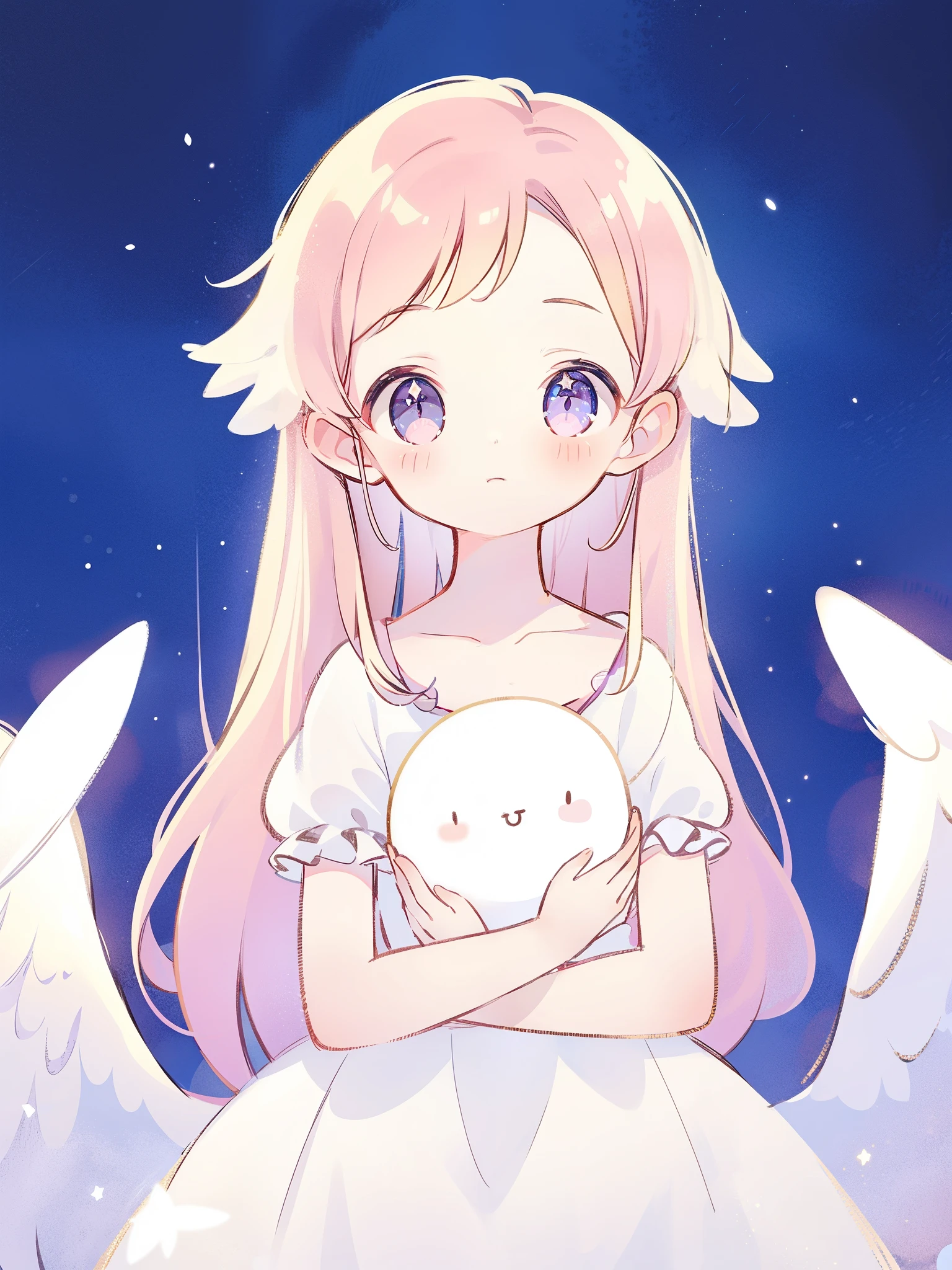 angel girl wearing an ethereal translucent dress, pale skin and light pink hair, white feathers, angel wings, sparkling detailed eyes, golden ratio face, perfect composition, highly detailed, ethereal, (starry night sky background), midjourney style