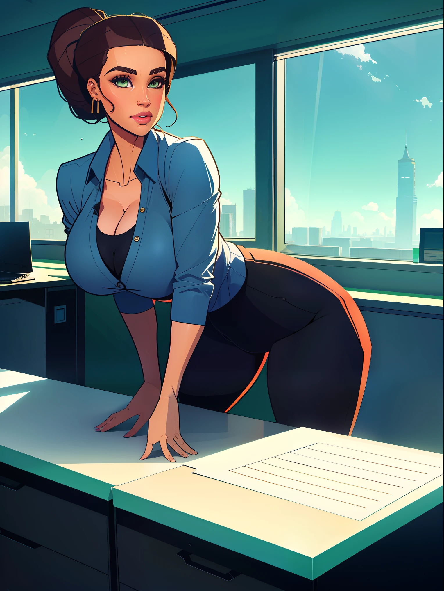 Extremely busty brunette secretary, college girl, fair skin, green eyes, loose updo, (((large nose))), soft face, athletic, huge , warmly lit office, windows, blue skies