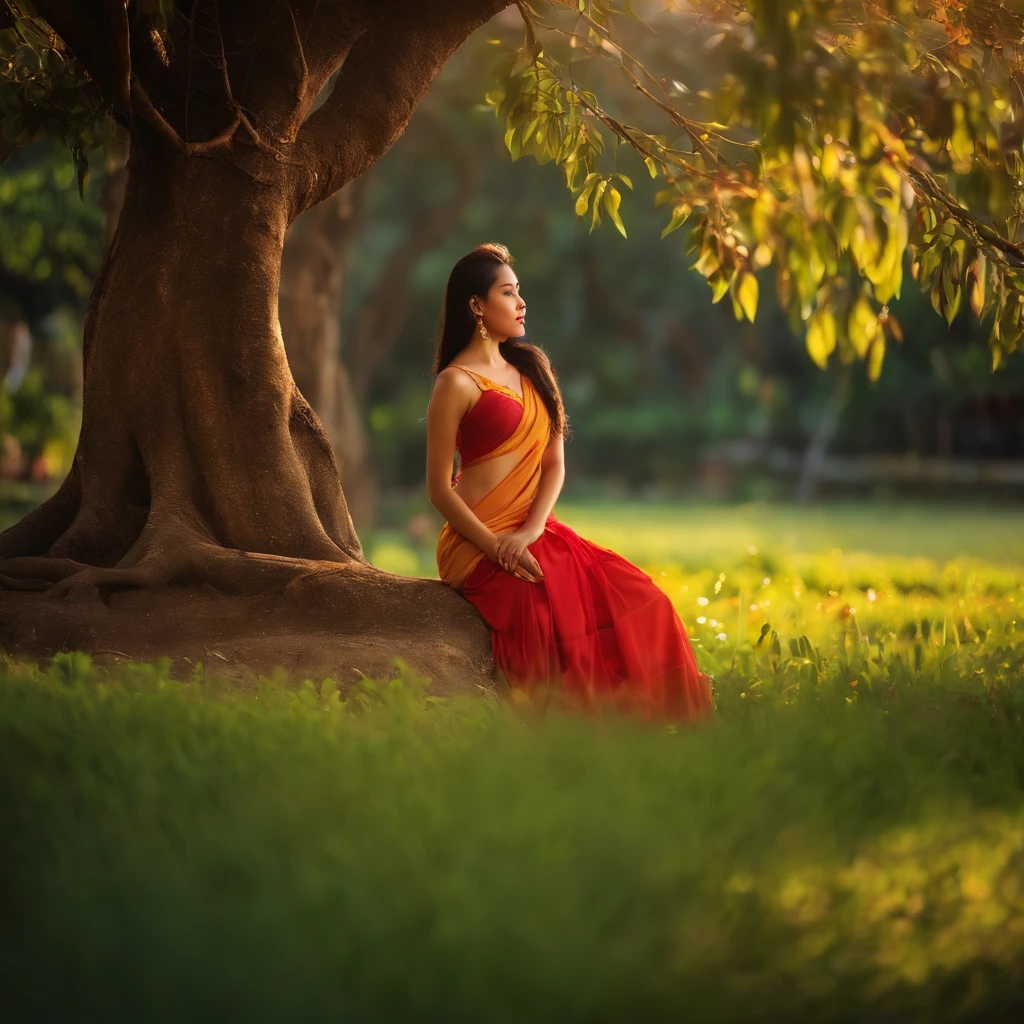 Create a picture of full body photo, Telephoto lens, shadow, twilight, golden hour, Long exposure photography, bright colors, Soft focus creates a picture of a Thai house, golden teak, a big tree with branches, flowers, black, white, red, yellow. There was a beautiful young woman there. Jane's face was seen in the style of a fluorescent painting. in cyberpunk style