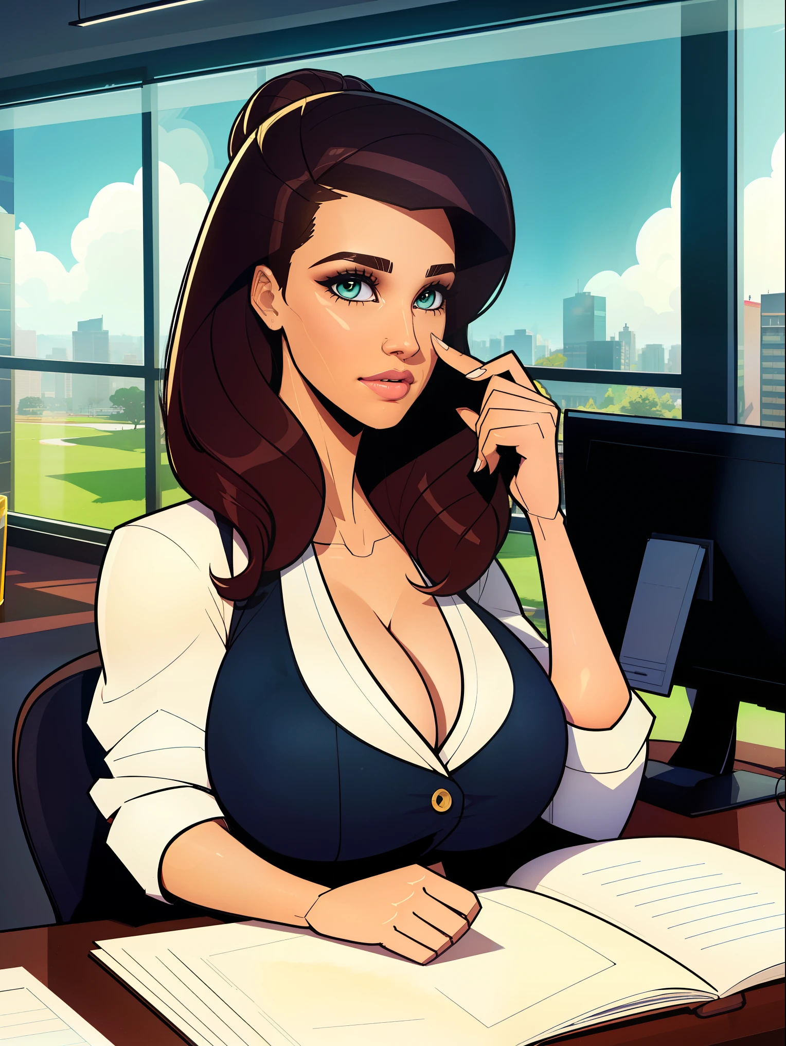 Extremely busty brunette secretary, college girl, fair skin, green eyes, loose updo, (((large nose))), soft face, athletic, huge boobs, warmly lit office, windows, blue skies