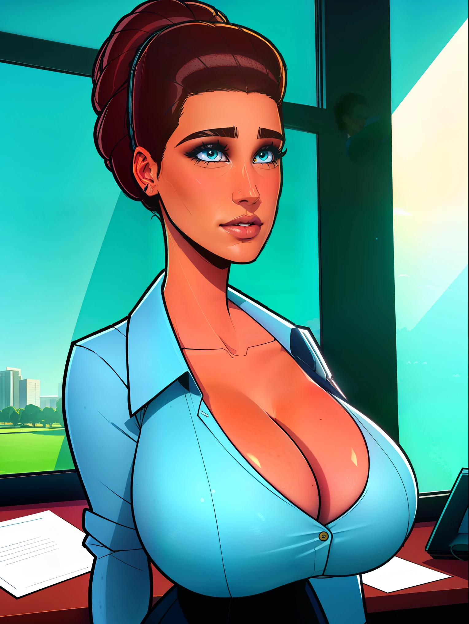 Extremely busty brunette secretary, college girl, fair skin, green eyes, loose updo, (((large nose))), soft face, athletic, huge boobs, warmly lit office, windows, blue skies