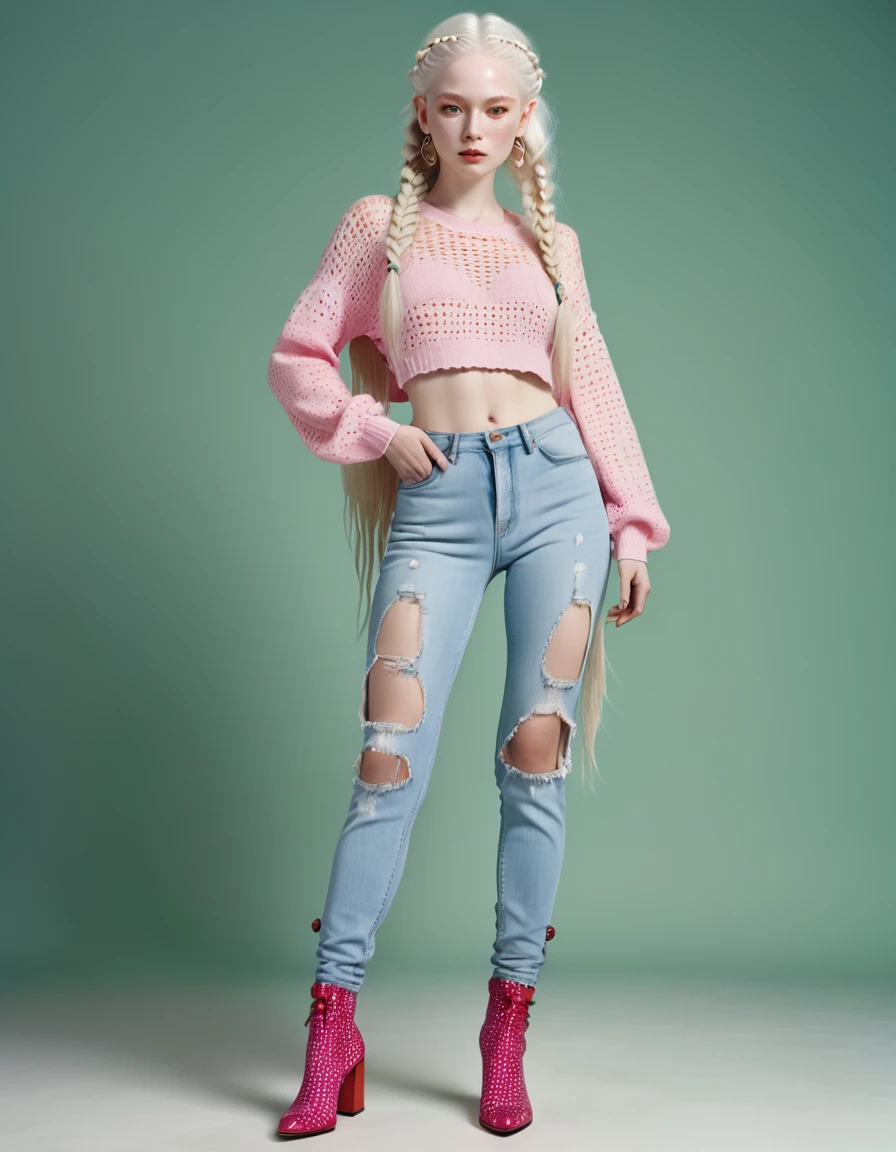 full shot photograph of a beautiful woman's body
Nordic complete, 22 years old, (albino white hair, small thin African braids on the sides and long, loose hair in the middle), (well-defined bright light violet eyes), (beautiful baby face with some dots of freckles) , (red face makeup and eye and cheek contours), (pink crochet knitted low-cut top), ((classic ripped flared jeans, light blue color)), ((,(Gucci patent crocodile skin boots), (green crocodile skin heels 9 cm 1.4),)), full body, HD, 64k. Look at my shoes, fashion, cinematic, typography, 3d render, illustration, photo