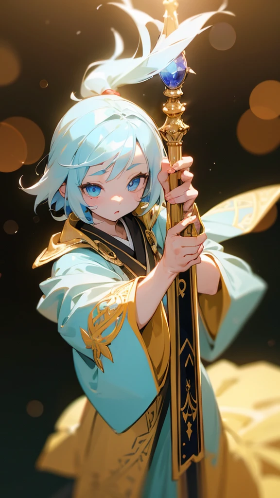 1 Girl、8K、Sharp focus、(Bokeh) (Highest quality) (Detailed skin:1.3) (Intricate details) (anime)、Holding a wizard&#39;s wand、Silver Hair、ponytail、Gold Glasses、blue eyes、Black coat、White shirt、Upper body close-up、small yellow ribbon around the neck、smile、smile、Park in the background、sunset、Soft lighting.