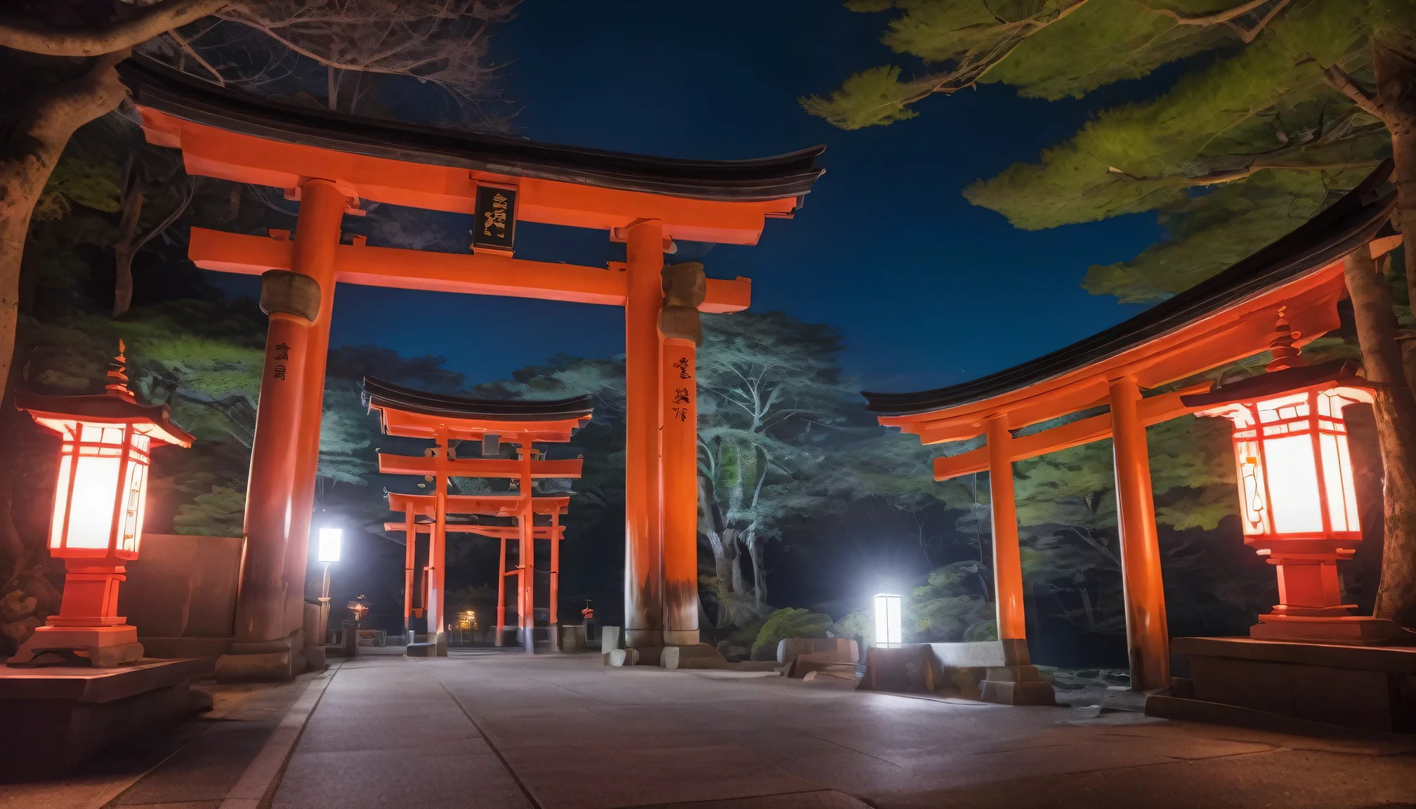 The vivid torii gate and vermilion gate of the shrine、forest、night