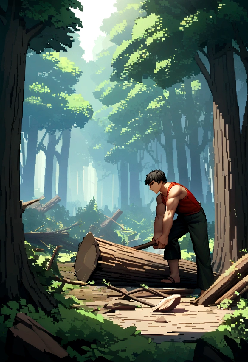 "Create a character in 1920x1080 resolution. Pixel-style 3D of a 20-year-old man chopping several trees with an axe. The character should be in the middle of a dense forest, with several cut trees around him. He should be visibly focused and strong, with a determined expression as he carries out the cutting work. Fallen trees should be shown on the ground around him, creating a scene of hard work activity in a natural setting."
