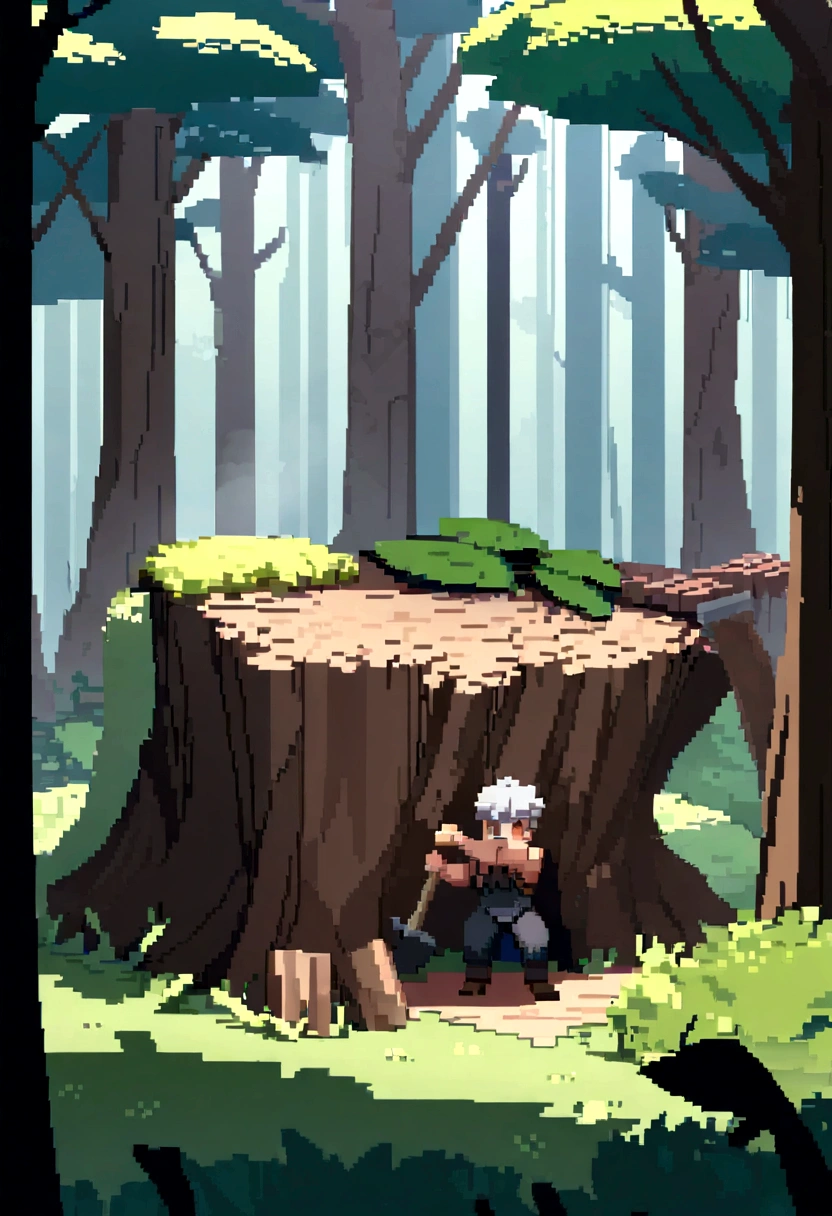 "Create a character in 1920x1080 resolution. Pixel-style 3D of a 20-year-old man chopping several trees with an axe. The character should be in the middle of a dense forest, with several cut trees around him. He should be visibly focused and strong, with a determined expression as he carries out the cutting work. Fallen trees should be shown on the ground around him, creating a scene of hard work activity in a natural setting."