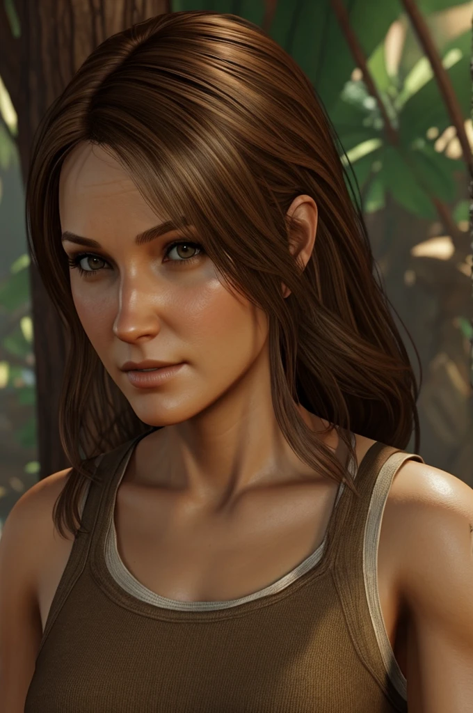 make a 38 year old woman with light brown hair, attractive, similar to Amber Head, with character design from the game uncharted