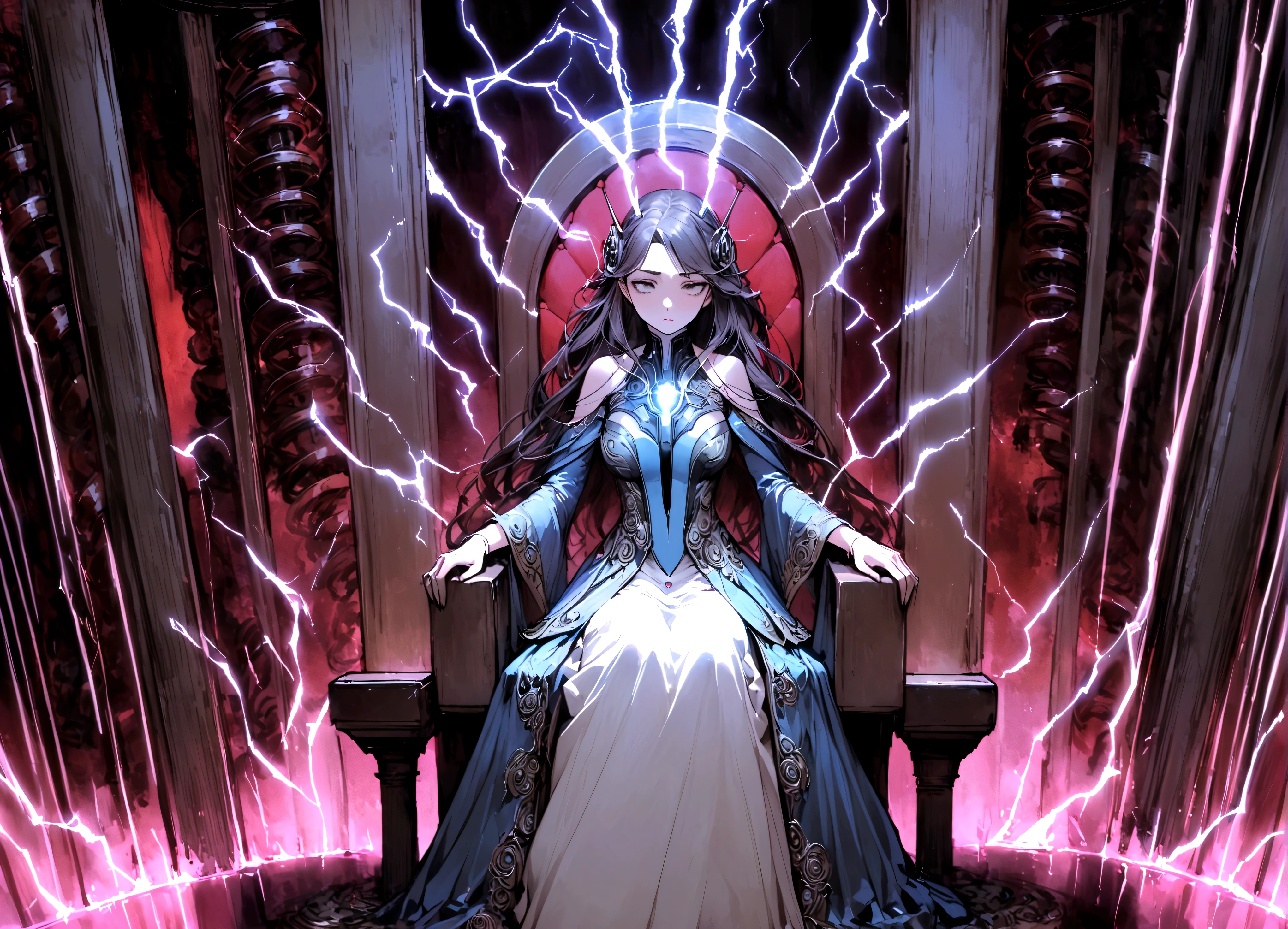 Tesla, 1900, has designed a throne of power (It has a Tesla coil on either side, electricity dances through the lab and across the coils), a lovely woman in an intricate dress sits on the throne and looks worried (her hair is electrified and standing straight out)