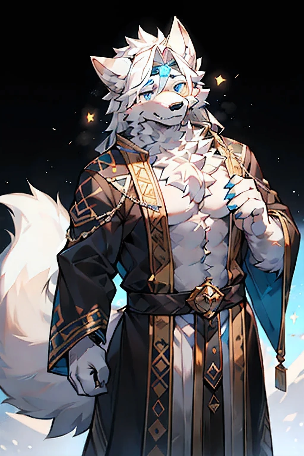 only，Hairy Male，Hairy chest，Wolf，Canines，silver white fur，Long white hair，The ends of the hair are silver，Bright blue eyes，charming，Handsome，Big Tail，Full body male love，Star magic，masterpiece，detailed，There is a star texture on the forehead，Robes