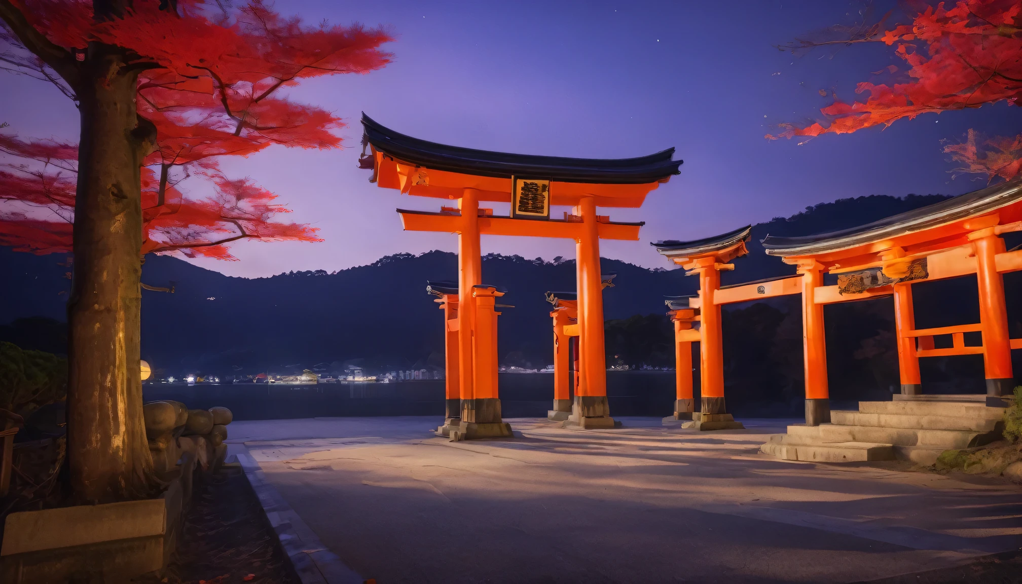 The vivid torii gate and vermilion gate of the shrine、forest、night