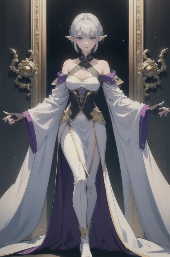 Elowen is an elf whose ethereal beauty transcends time. Her silver hair cut to shoulder length, Shine like moon strands in the light, Standing out against her pale, alabaster-smooth skin. The deep, enigmatic purple eyes are windows to an ancient, wise spirit, radiating an almost hypnotic calm and serenity.
His clothing is a masterful fusion of tradition and innovation. Elowen wears a long white velvet tunic, rich in details and golden embroidery that hark back to the costumes of medieval high nobility. Elegant tunic design is form-fitting, accentuating your slim and graceful figure. over, a thin leather vest, laced with metallic threads and decorated with light plates of a translucent and luminous material, suggests armor that combines protection with futuristic aesthetics.
The sleeves of the tunic are wide, but they narrow at the wrists, where gloves made of a soft and resistant material, that emit a subtle glow, protect your hands. The tunic skirt is divided into freely moving panels, revealing pants made of a technological fabric that allows agility and flexibility, completing the ensemble with tall boots adorned with shiny metal buckles.
Every detail of your outfit, from traditional patterns to futuristic touches, reflects the duality of her nature—a guardian of ancient elven knowledge, with one foot firmly planted in a future of infinite possibilities. Elowen is an imposing and serene figure, ready to face any challenge with almost supernatural grace.