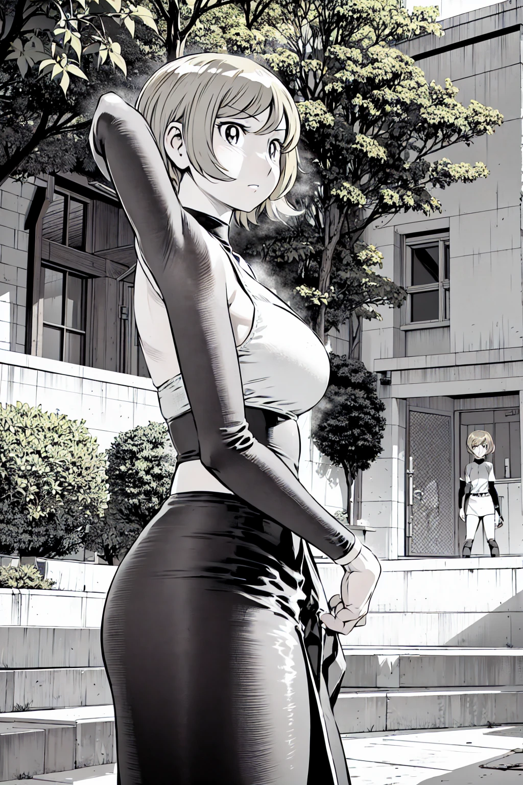 、(masterpiece、Highest quality)、Highest quality, Ultra-high resolution, (((masterpiece))), alone, Sweat、Big eyes, Please show me your armpits, No sleeve、Outdoor、Floral dress、Composition from the front、（Cut the back hair short、short hair、blonde、woman）、Shortcuts、Embarrassed face、Cut your hair short、可愛いwomanの子、Big Breasts