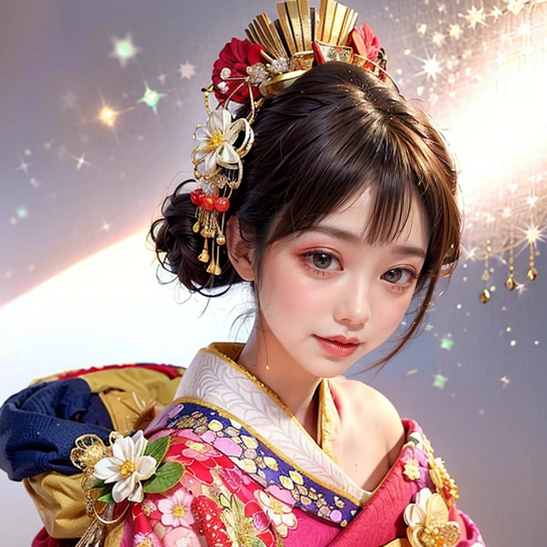 (PUNIPUNI clavicle KIMONO ((offshoulder)) KANZASHI FlowerHairpins Topknot TwinBun Oiran-Hair)High-level, 8K Masterpiece TopQuality, Ultra-detailed CG, Absurd detailed wallpaper, PerfectLighting, Extremely detailed (((Personifying " OIRAN " as a KAWAII Girl))), Characteristic Items, aesthetic LifeLike Rendering, MysticSight, Haze Tyndall Scattering, (Studio GRAY Background with (Oodles Dazzling Iridescent 🌈Particles (BokeH))), (((Assfocus)) RoundlyButt) ThighGap, (Exposed:0.44) 🔞 BREAK (Acutance:0.8), (NOGIZAKA FaceVariations) Extremely Detailed very KAWAII FaceVariations, Childish CaptivatingGaze ElaboratePupils ParfectEyes with (SparklingHighlights:1.28), (Voluminous LongEyelashes:0.88), 💄💋✨ GlossyRedLips with BeautifulDetails, CoquettishTongue, PUNIPUNI RosyCheeks, Radiant PearlSkin with Transparency, Glowing DowneyHair . { (Dynamic LifeLike expressions:1.4) | (:d) }, (large eyes:-1) .